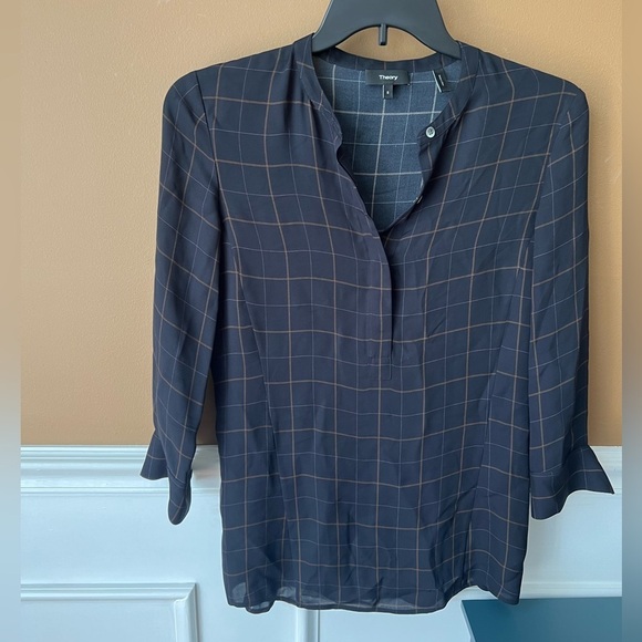 Theory Women’s Balkin Tile Print Navy and Brown Checkered Blouse Size S Silk - Picture 1 of 4